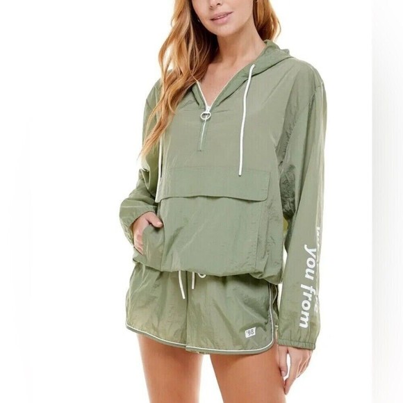 WAYF ’98 Johnny Popover Windbreaker With Front Pocket in Dusty Olive 1X NWT
